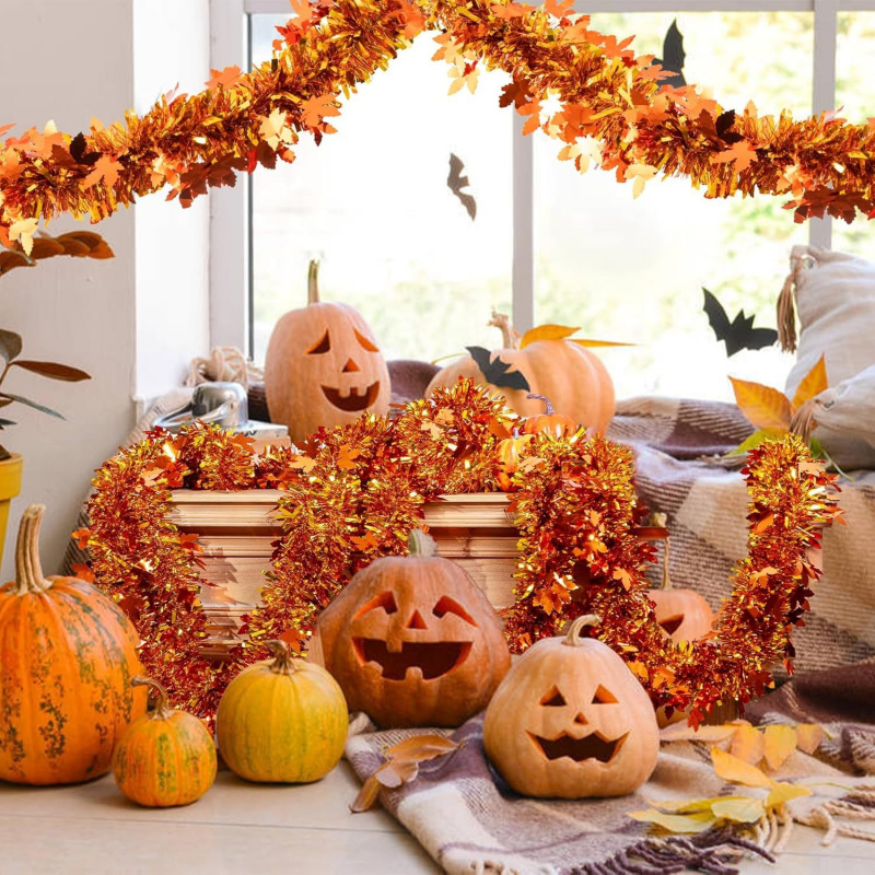 Tinsel Garland Decoration - 2 Stück Thanksgiving Herbst Ahornblatt-Lametta-Girlande Orange
