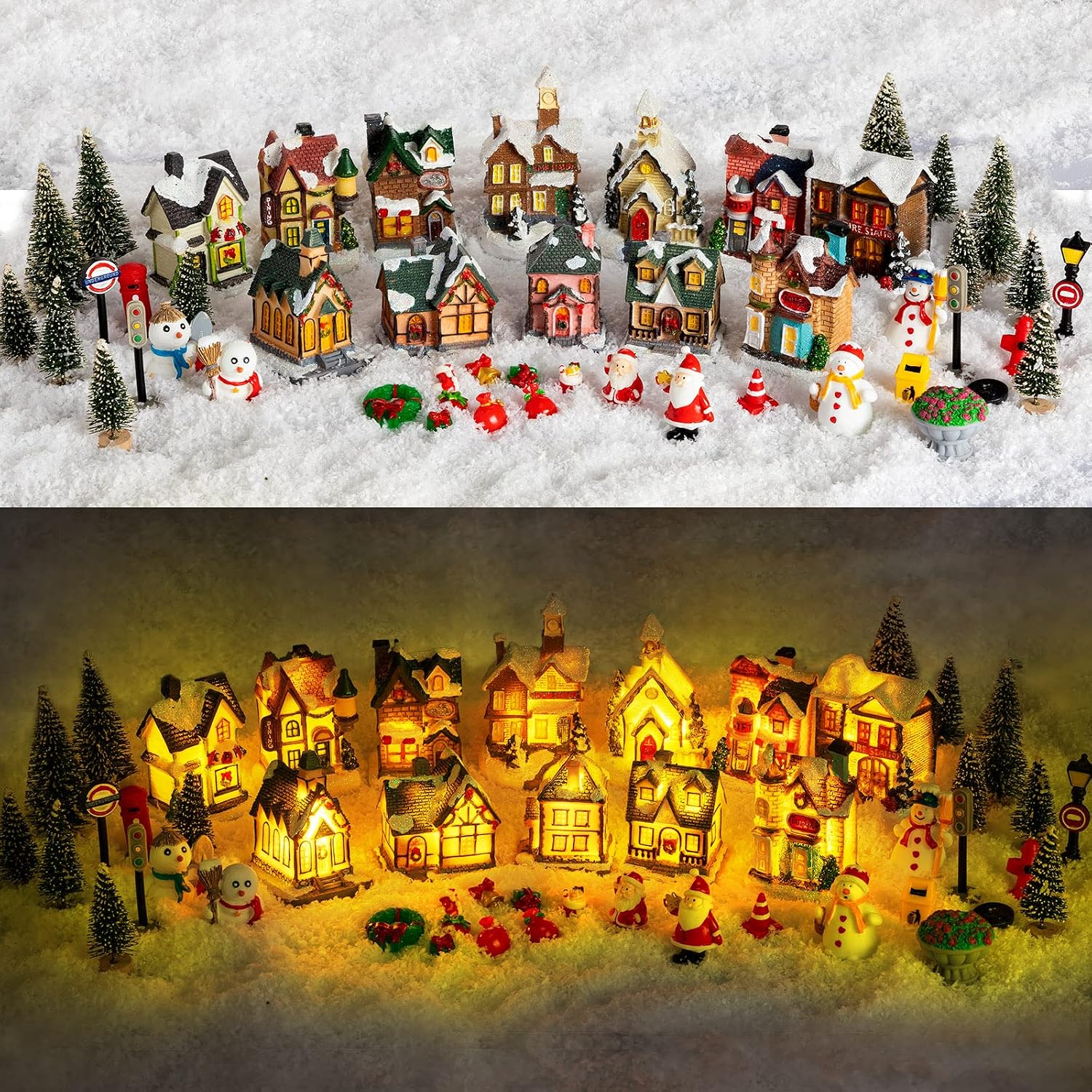 Nutcracker Figurine - Weihnachtliche Dorfhäuser mit LED-Beleuchtung, Sammlerfiguren, Schneedecke,